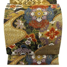 Nosho Karasai Brocade Fukuro Obi Gold Silk Used Chinese Pattern Floral Design
