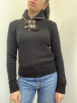 トップス ralph lauren black label leather knit Black Label Ralph Lauren Black Knit 100% Cashmere & Leather Buckle