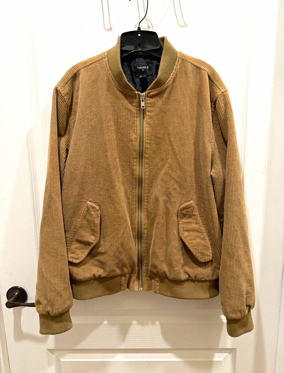 Forever 21 Men’s Brown Corduroy Bomber Jacket L Full Zip Lined Pockets Large - product detail image 1