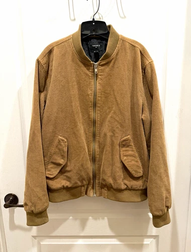 Forever 21 Men’s Brown Corduroy Bomber Jacket L Full Zip Lined Pockets Large  video thumbnail
