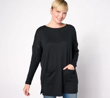 Denim & Co. Women's Top Sz M Heavenly Jersey Regular Relaxed Fit Black A630346