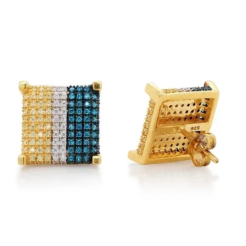 Unisex Square Earring Stud 14K Yellow Gold Finish Simulated Round Cut Blue Topaz - Image 3 of 4