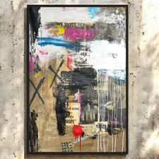 Original Mixed Media Modern Art Painting 24x36 "Windows, Silver, Tile" Signed