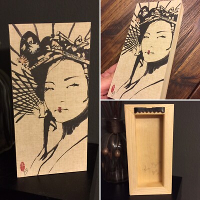 Fine Art Japanese Ink Sumi-e Print Wood Panel Woman Portrait 