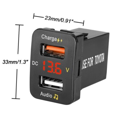 12V QC3.0 Fast Charging Dual USB Car Charger Audio Socket Voltmeter For Toyota