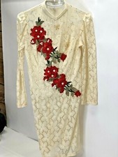 Asian Lace Dress Elaborate Floral Applique, Pearls, Beads Long Sleeve Youth XL