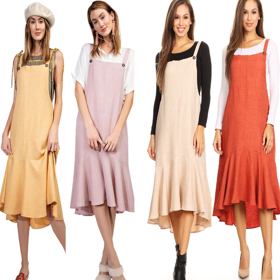 Women's Button Strap Overall Jumper Pinafore Peplum Hem Midi Dress Women's Button Strap Overall Jumper Pinafore Peplum Hem Midi Dress