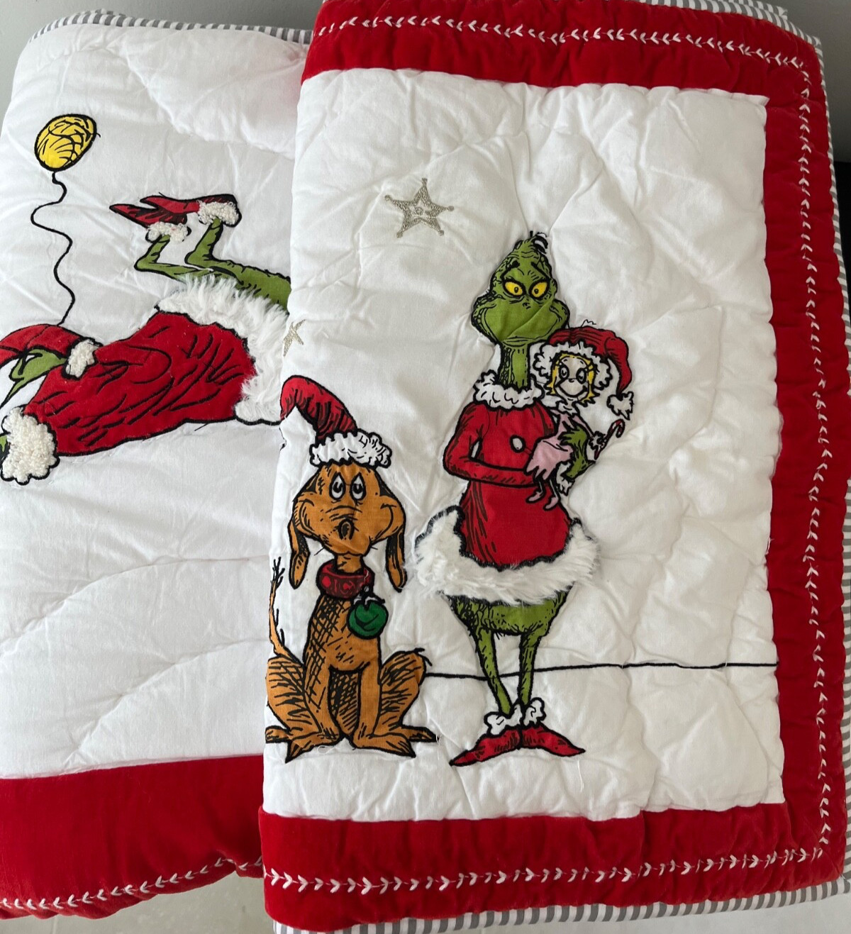 Pottery Barn Kids Teen GRINCH Twin Embroidered Quilt & Sham SET Dr. Seuss EUC