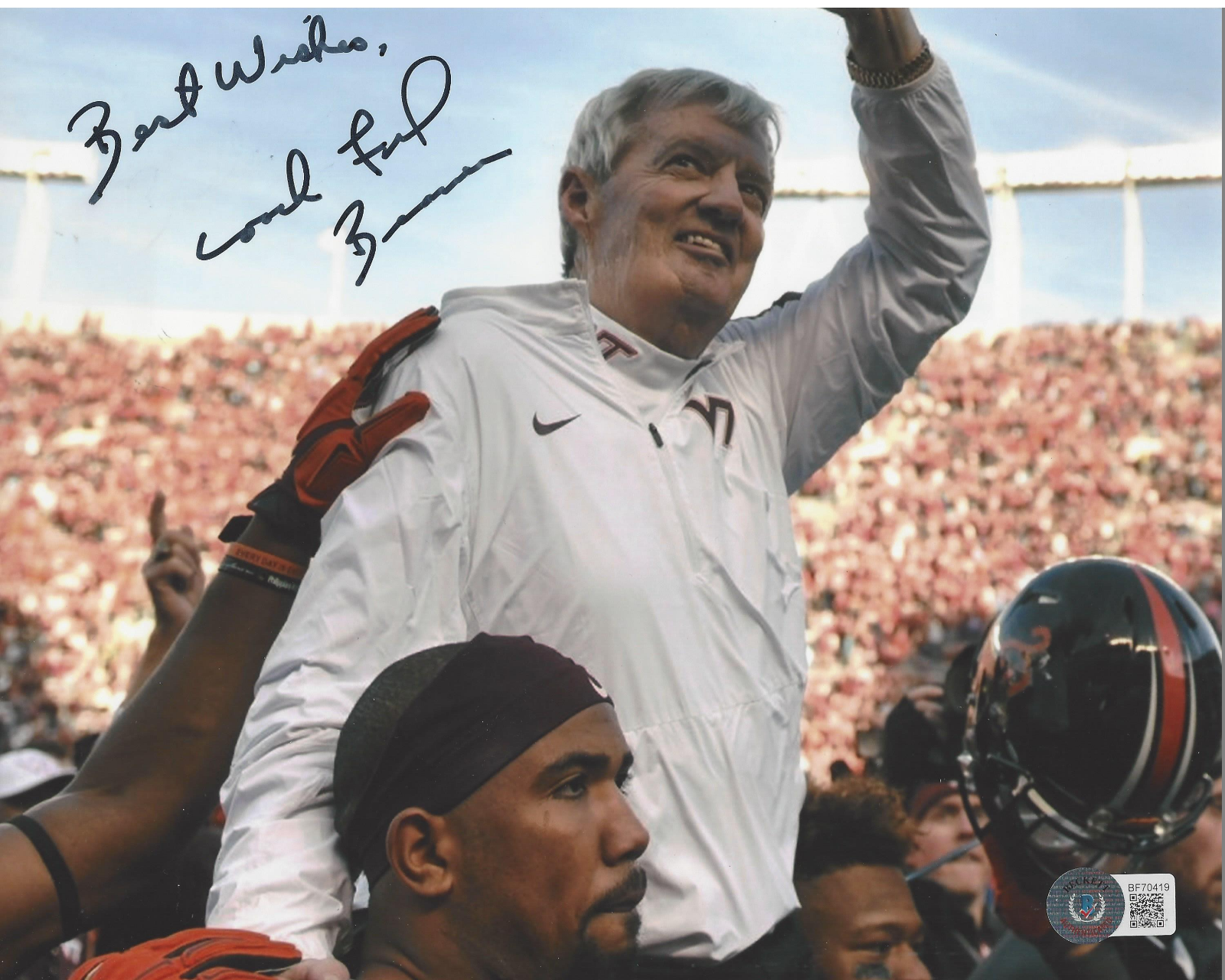 COACH FRANK BEAMER SIGNED VIRGINIA TECH 8x10 PHOTO NCAA LEGEND BECKETT COA BAS 
