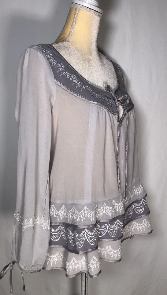 Blusa Top Blusa Mujer Lithe Anthropologie 4 Algodón Seda Bordado Boho Gris  Foto 4 de 4