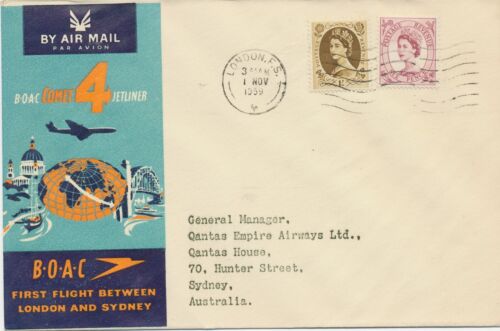 GB 1959 QEII 6d and 1sh mixed postage on B.O.A.C. Britannia FF LONDON - SYDNEY - Picture 1 of 2