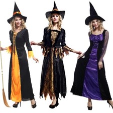 Women's Halloween Witch Costumes with Hat Broom Adult Witch Cosplay Dress