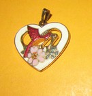 VTG CLOINSONNE OPEN PIERCED HEART W/RED BIRD PENDANT