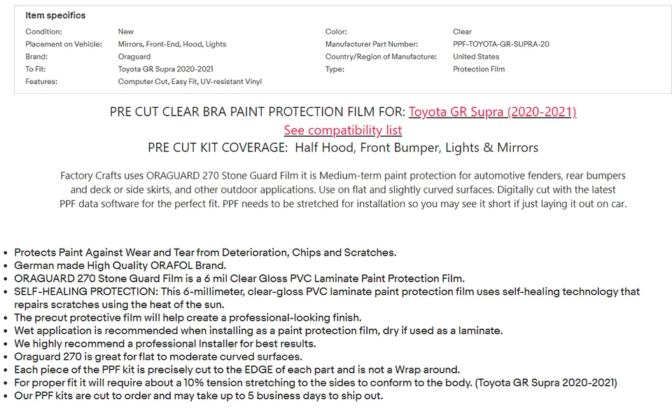 Stone Guard Paint Protection Film Clear Bra PPF For Toyota GR Supra 20-21 H-F - Image 4 of 4