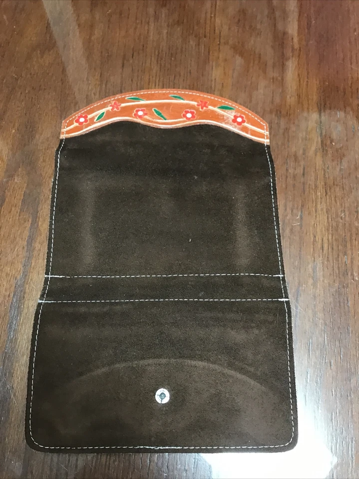 Cartera vintage años 70 de gamuza/cuero hippy con flores coloreadas marrón Foto 3 de 4