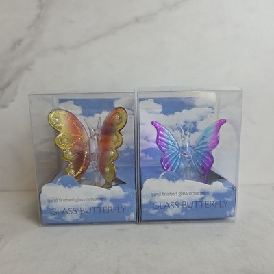 Vintage Y2K Blue Glass Ornament Butterfly Hand Finished Momentum Lot Of 2
