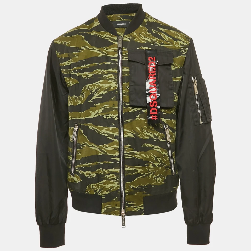 Chaqueta Bomber Dsquared2 Negra/Verde Estampado Camuflaje Algodón y Nylon M