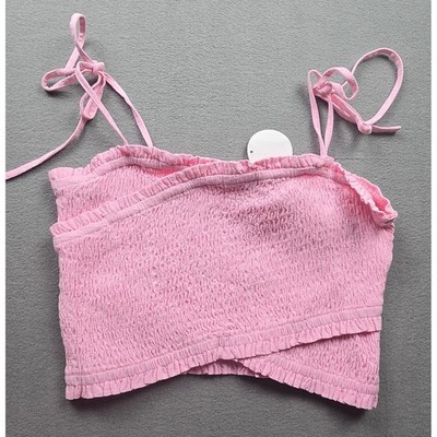 Wishlist Apparel Pink Smocked Linen Blend Tie Shoulder Wrap Crop Top Size M NEW