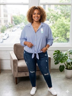 Beacon Apparel Blue White Striped Tie Front Collared Long Sleeve Blouse 1X