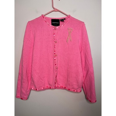 2000s Michael Simon Barbie Pink Breast Cancer Awareness Ribbon Pearls Cardigan L