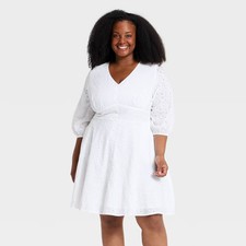 Women's Plus Balloon 3/4 Sleeve Button-Front Short Flare A-Line Dress - Ava