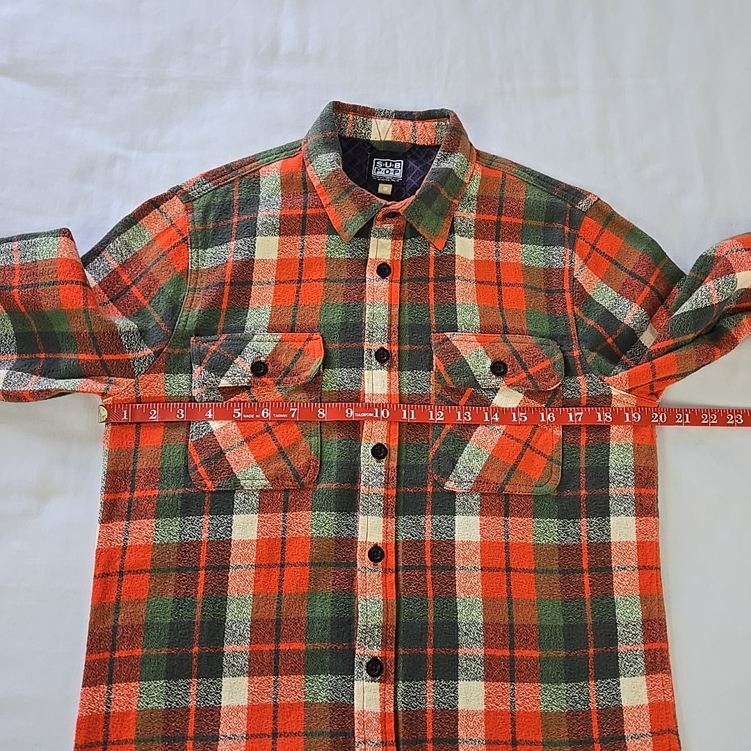 SUB POP Records Camano Flannel Shirt Orange Autumn Plaid Men's S Woven Cotton
