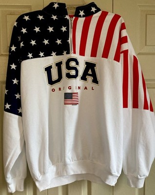 Vintage USA Flag Sweatshirt Women XL 1/4 Zip Patriotic E.S.V. Sport Wear Fleece