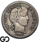 1907-S Barber Dime 10C Silver Coin, VF, San Francisco Mint