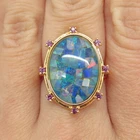 925 Sterling Silver Gold Plated Real Opal Inlay & Amethyst Ring Size 7.25