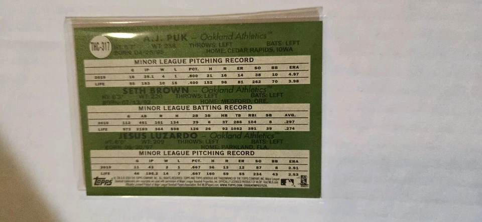 2020 Topps Heritage Chrome Purple Ref #THC317 Jesus Luzardo A.J. Puk Seth Brown - Image 2 of 2