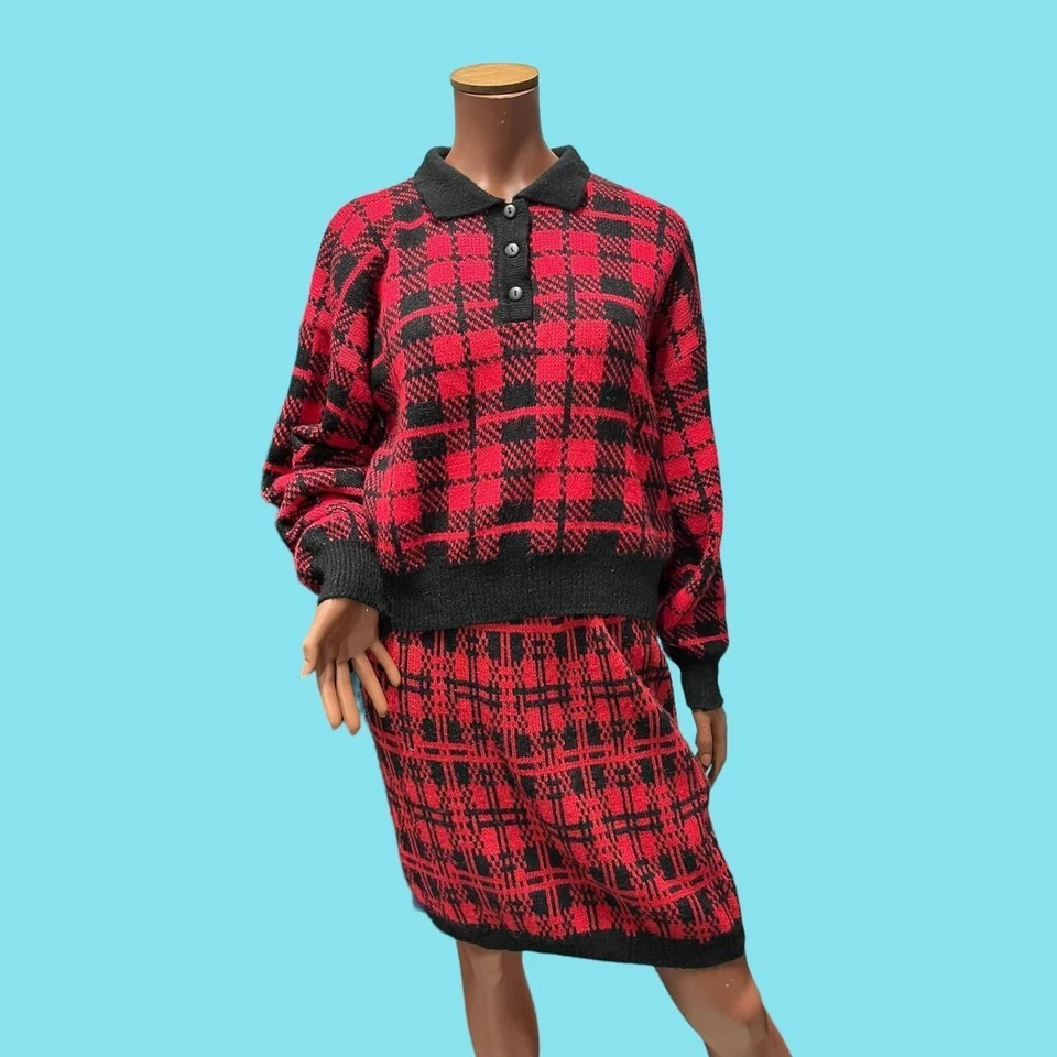 Vtg 80's Pullover Rock Set M 12-14 Co-Ord Outfit Süß Rot Schwarz Kariert Retro - Bild 2 von 4