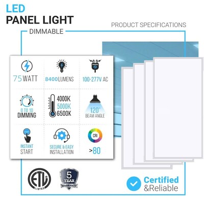 LED Flat Panel 2X4 - 5000K Daylight White - Dimmable - For Standard Drop Ceiling