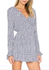 TULAROSA X REVOLVE Size M Long Sleeve Blue White Ruffled Mini Dress #C