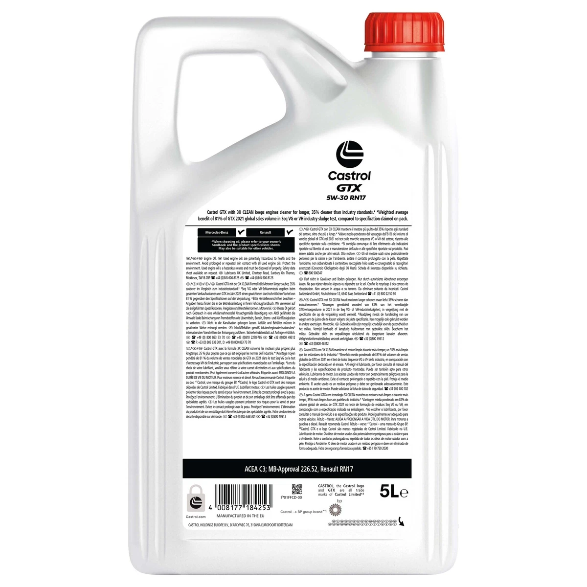 Huile moteur CASTROL GTX 5W30 RN17 5L pour Dacia, Fiat, Mercedes