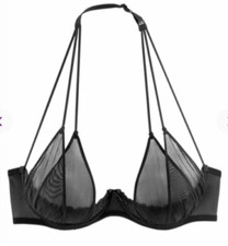 Black Bra 34A Underwired Quarter Cup Sheer triangle mesh cups see through ladies