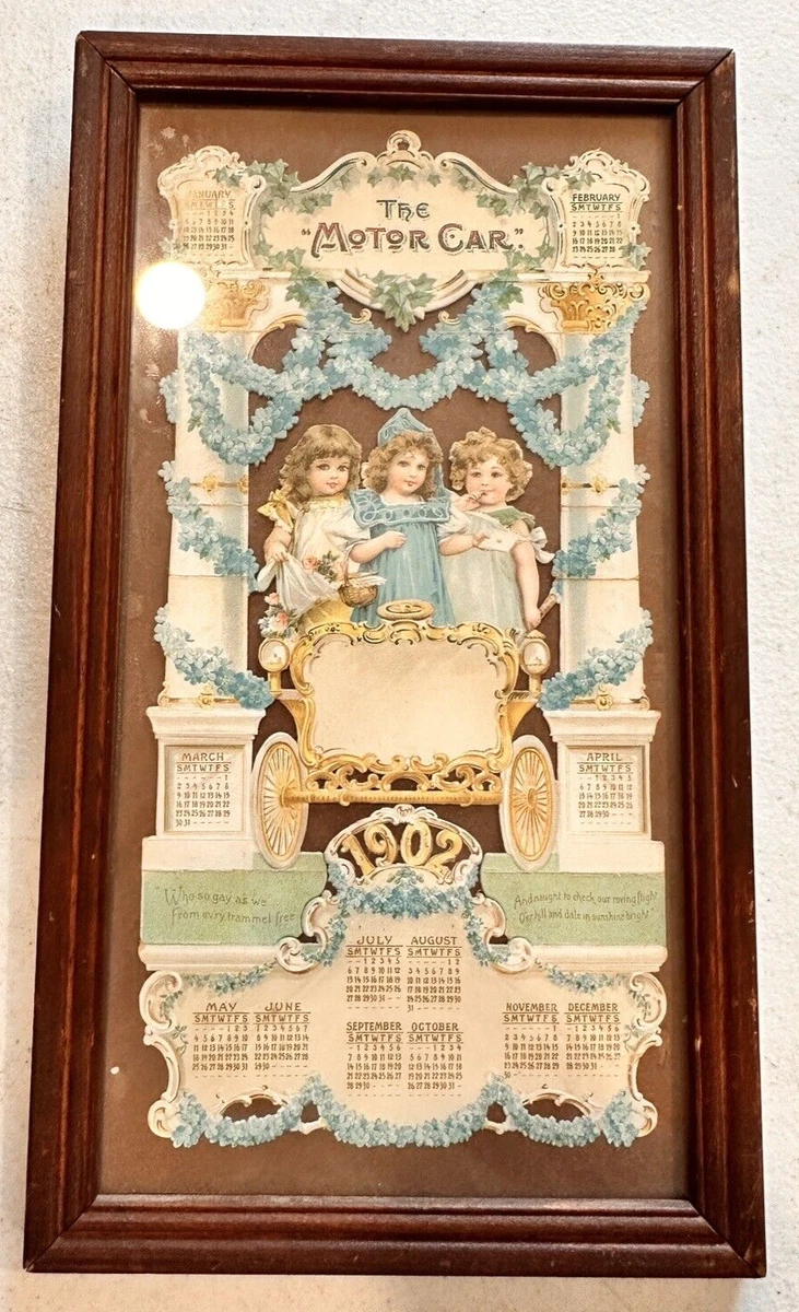 Antique 1902 Die Cut Calendar THE MOTOR CAR 12-Month Curly Haired Little  Girls | eBay