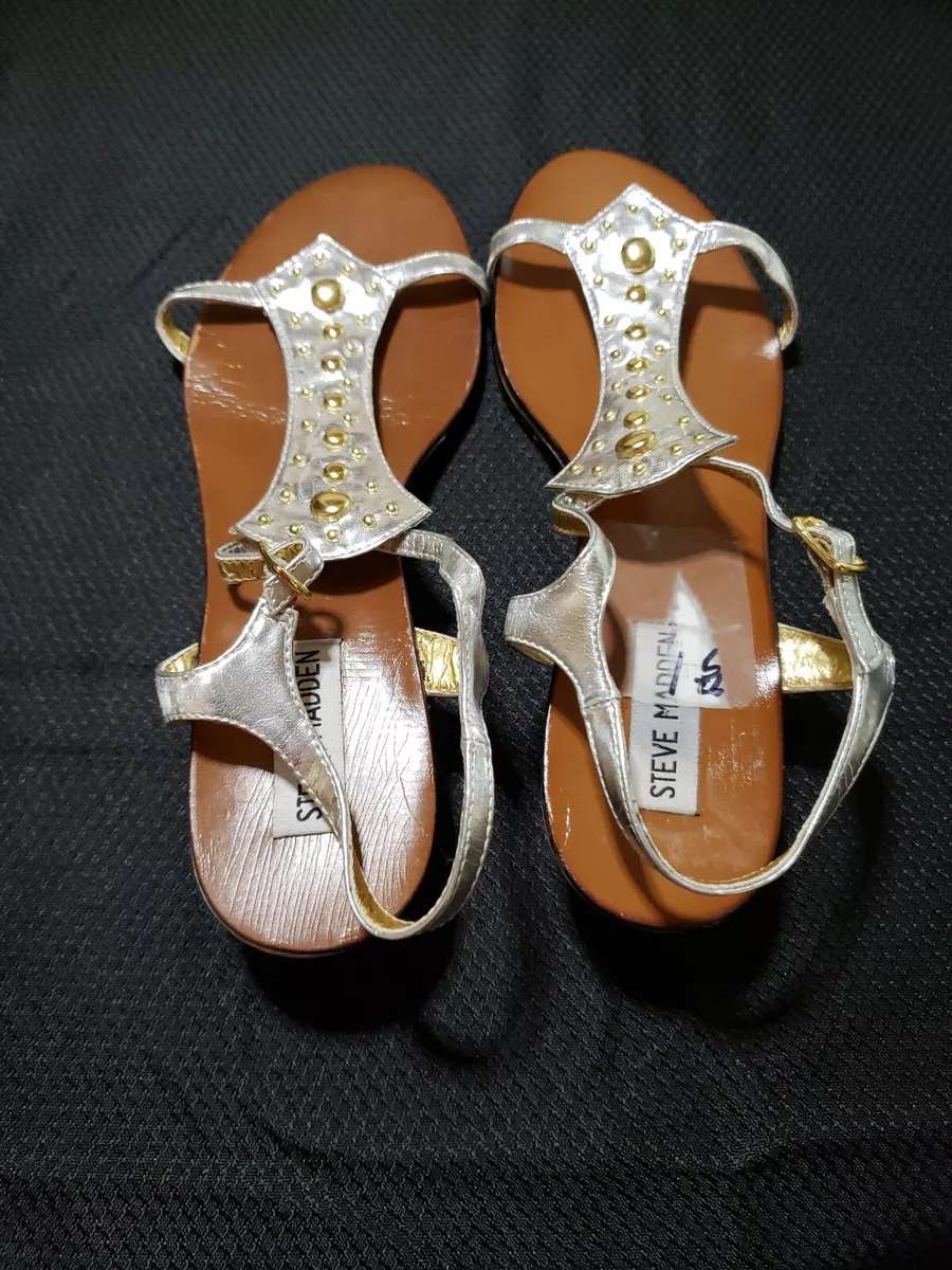 Steve Madden Silver Leather Gold Stud Strappy Sling Flats Sandals