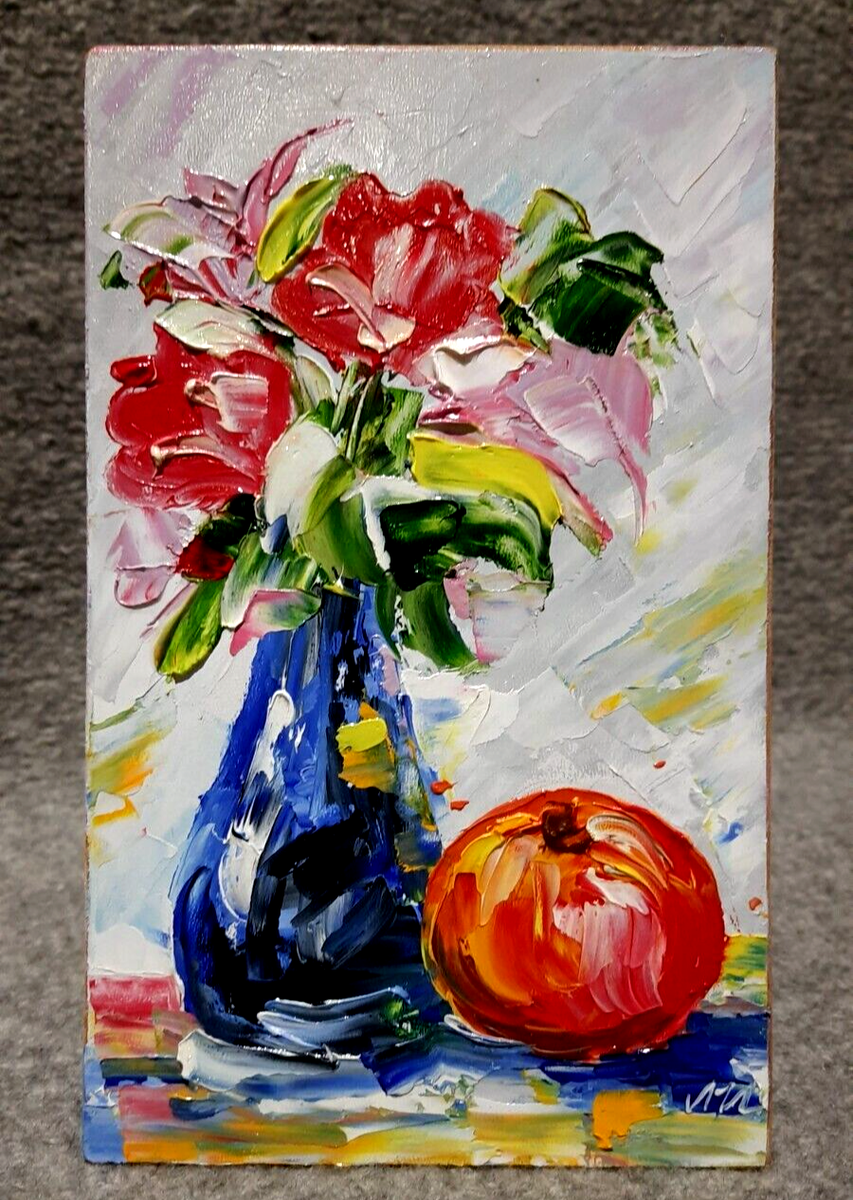 油絵 油彩  絵画 【giardino fiorito colorato
】 Oil painting. Flowers in a vase with an apple. Still life