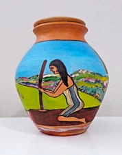 Vintage Indigenous Folk Art Pottery Jar "Making Palm Oil by Amerindian Women"