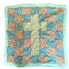 Handmade baby quilt teal blue rainbow hearts flowers patchwork cross