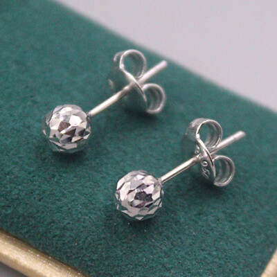 Pure Platinum 950 Stud Women Luck 4mm Carved Round Bead Ball Earrings 1.9-2.1g
