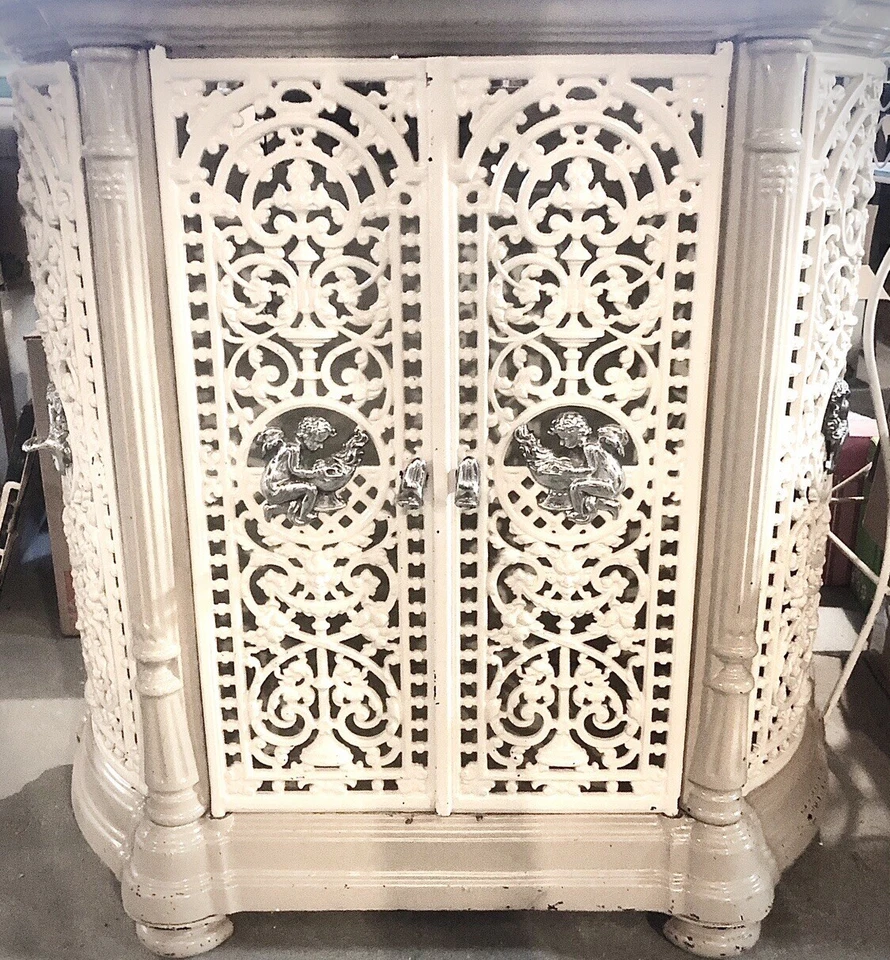 Armário antigo francês vitoriano de ferro fundido – painéis florais esmaltados | raro parisiense - Imagem 4 de 4