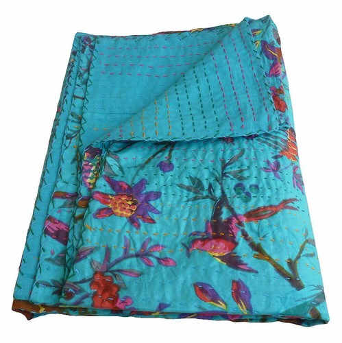 Double Vintage Quilt Bed Runner Kantha Floral Bedspread Cotton Hippie Blanket - Picture 4 of 6