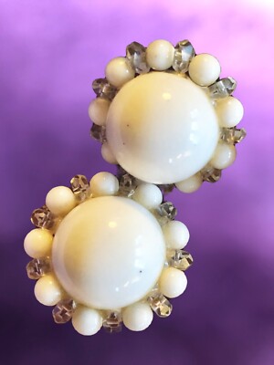 STAR Vintage 20s-40 Faux Pearl w Crystal Bead Halo Earrings, Clip