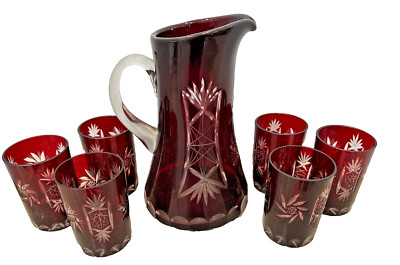 Czech Bohemian ruby red cut to clear buzz star Pitcher & 6 glasses