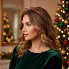 Happy Holidays Rhinestone Headband Christmas Hair Accessory Gold Green Red Bling
