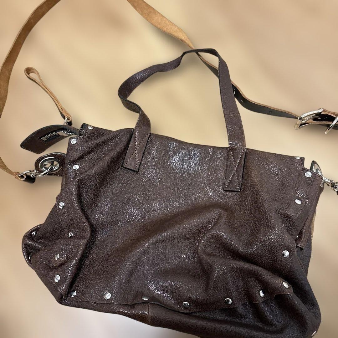 Brown Leather Studded Shoulder Bag Large Capacity Handbag Vintage Style USED