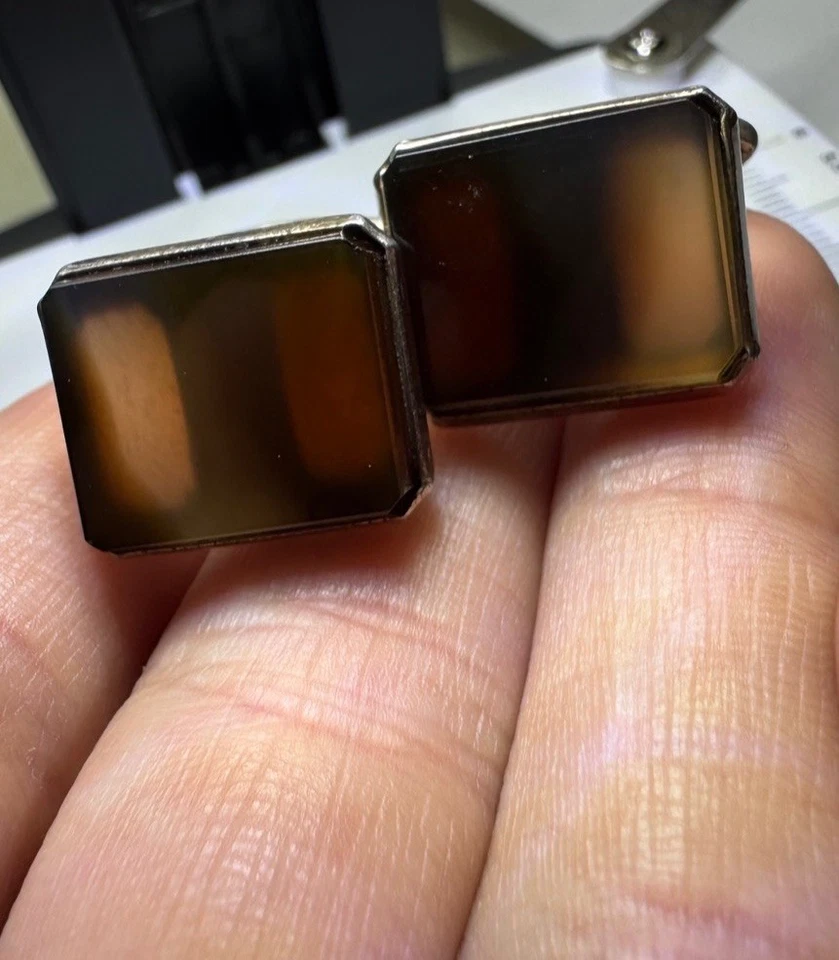 Gemelos soviéticos vintage de plata 875 con piedra de ágata marrón joyería natural de la URSS Foto 3 de 4