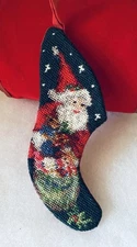 Vintage Wool Mini 6" Needlepoint Christmas Stocking Ornament Santa Claus