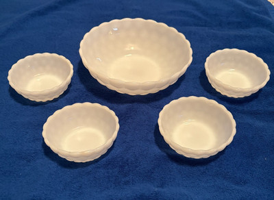 Anchor Hocking Bubble Milk Glass Set of 4 Berry Bowls and One 8''Serving Bowl